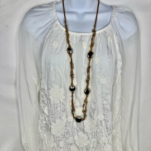 Chico's Tan and Gold Beaded Necklace on a Tan Leather Strap long EUC - Picture 8 of 10